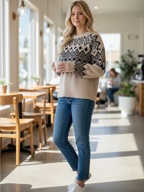 Cozy Nordic Crewneck Sweater in Beige and Black